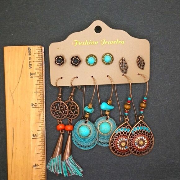 BRONZE tassel leaf turquoise boho earring bundle - Picture 2 of 4